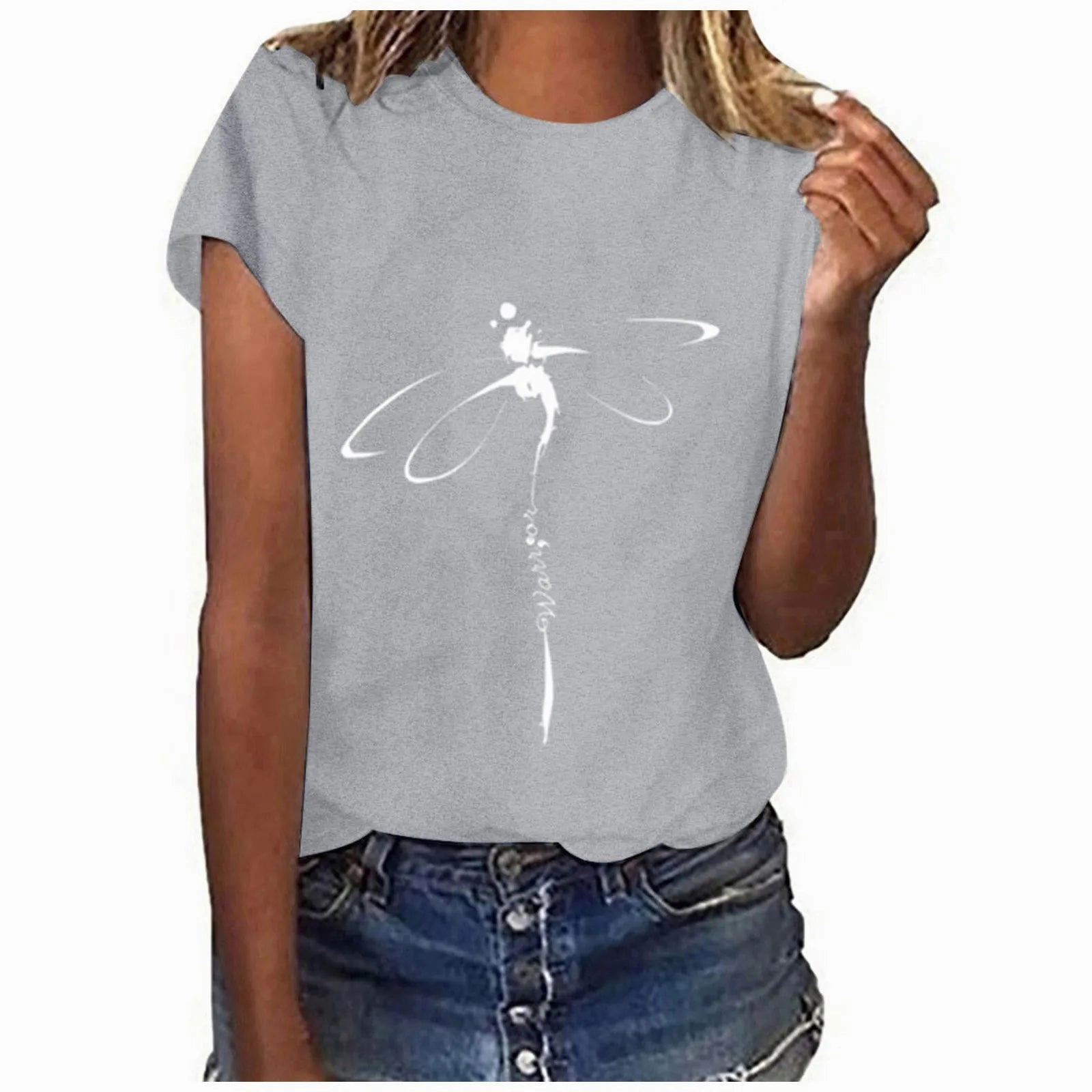 Oversized Dragonfly Print Casual Women's T-Shirt - Short Sleeve O-Neck Tee for Spring/Summer Style