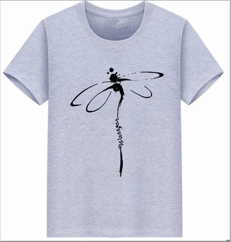 Oversized Dragonfly Print Casual Women's T-Shirt - Short Sleeve O-Neck Tee for Spring/Summer Style
