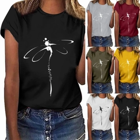 Oversized Dragonfly Print Casual Women's T-Shirt - Short Sleeve O-Neck Tee for Spring/Summer Style