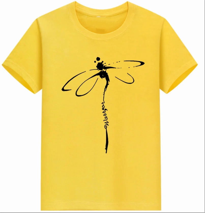Oversized Dragonfly Print Casual Women's T-Shirt - Short Sleeve O-Neck Tee for Spring/Summer Style