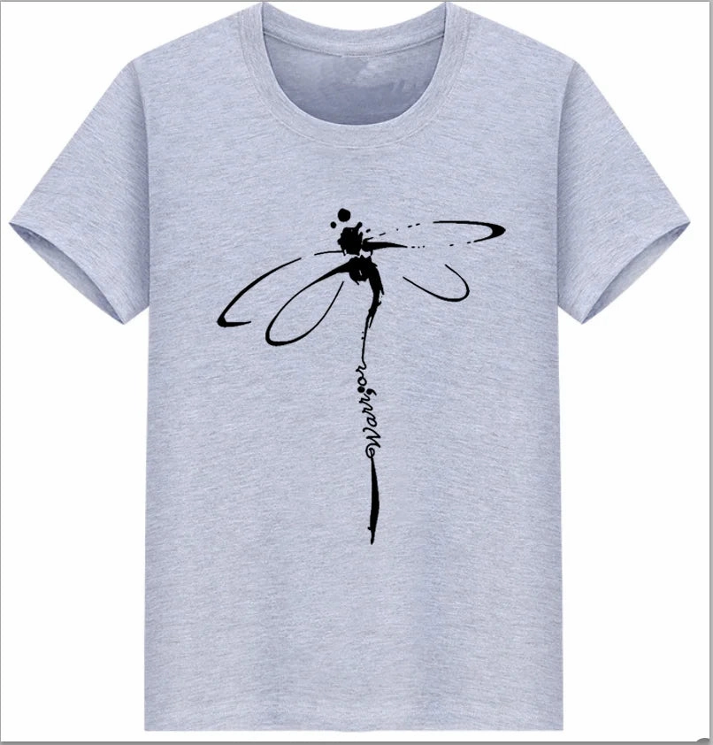 Oversized Dragonfly Print Casual Women's T-Shirt - Short Sleeve O-Neck Tee for Spring/Summer Style