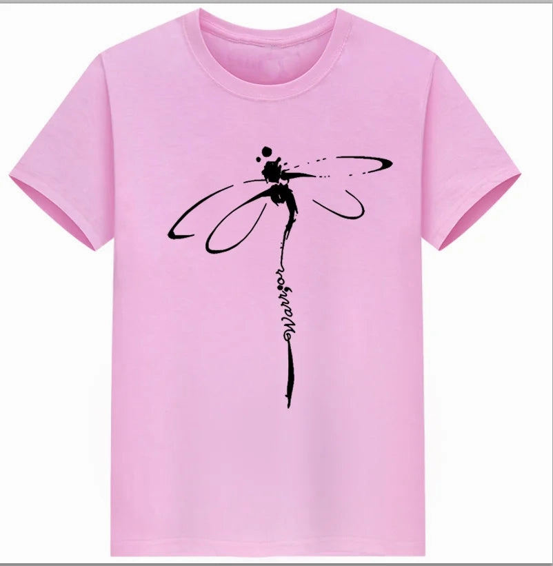 Oversized Dragonfly Print Casual Women's T-Shirt - Short Sleeve O-Neck Tee for Spring/Summer Style