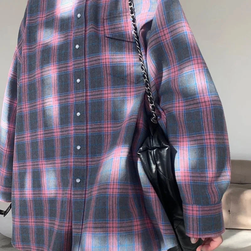 Oversized Plaid Shirt Autumn Winter Women Vintage Long Sleeve