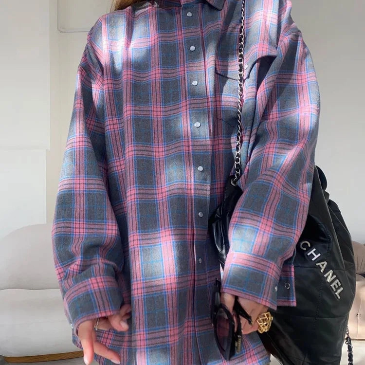 Oversized Plaid Shirt Autumn Winter Women Vintage Long Sleeve