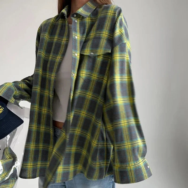 Oversized Plaid Shirt Autumn Winter Women Vintage Long Sleeve
