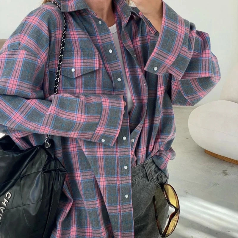 Oversized Plaid Shirt Autumn Winter Women Vintage Long Sleeve