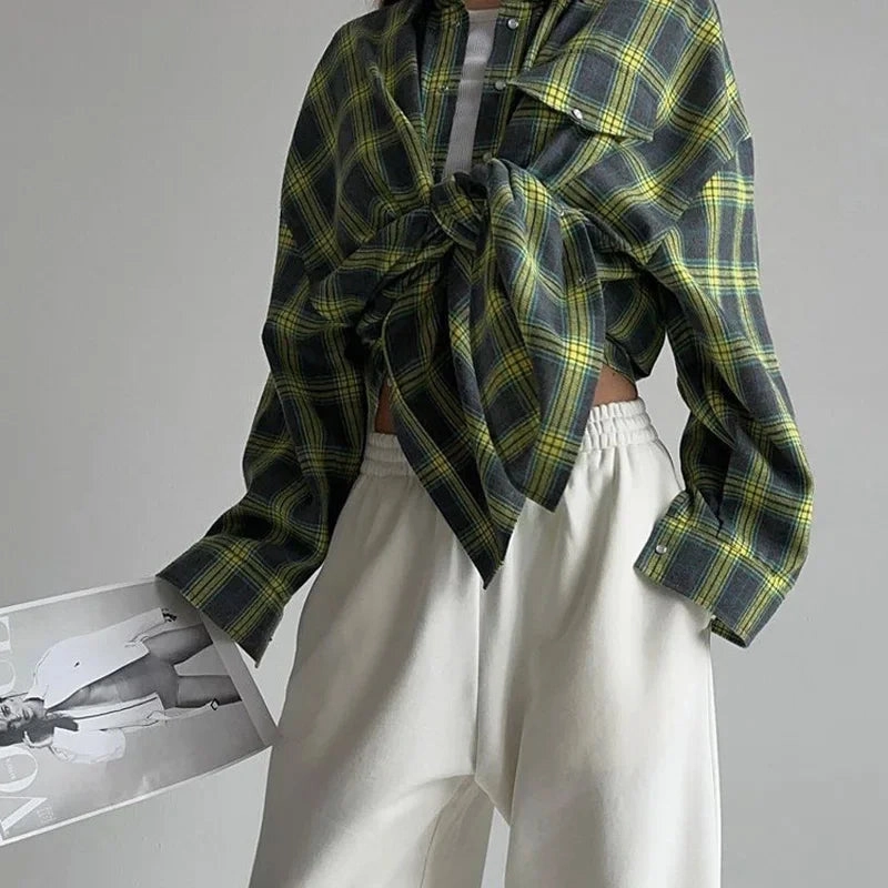 Oversized Plaid Shirt Autumn Winter Women Vintage Long Sleeve