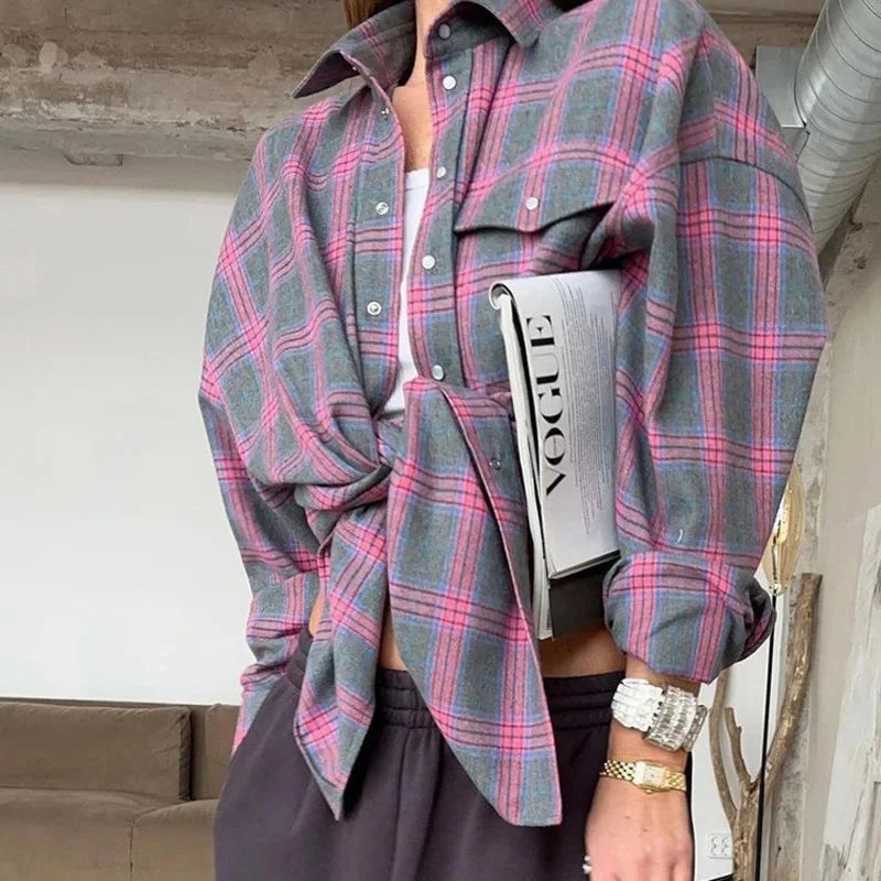 Oversized Plaid Shirt Autumn Winter Women Vintage Long Sleeve