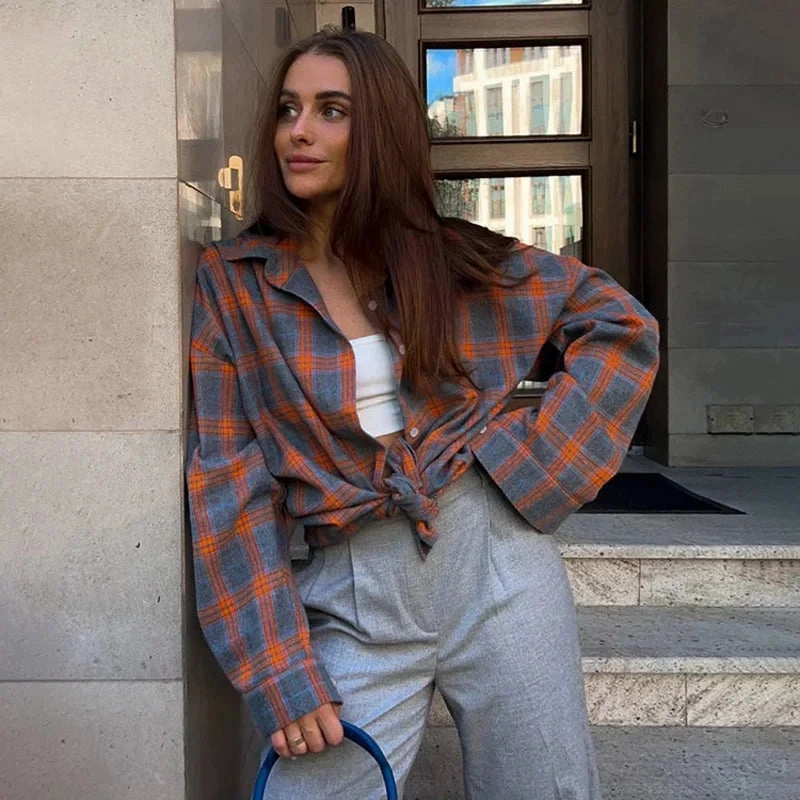 Oversized Plaid Shirt Autumn Winter Women Vintage Long Sleeve