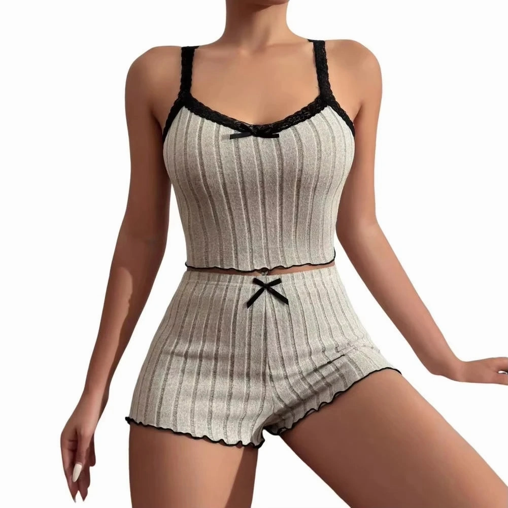 Pajama Suit Suspender Shorts Bow Print Milk Silk Set for Women Comfortable Summer Home Wear