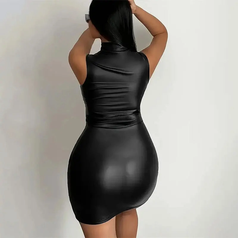 Party Bodycon Pu Leather Dress Sexy Sleeveless Mini Skirt