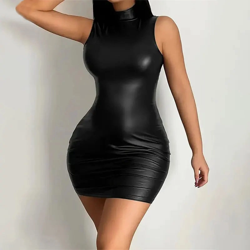 Party Bodycon Pu Leather Dress Sexy Sleeveless Mini Skirt