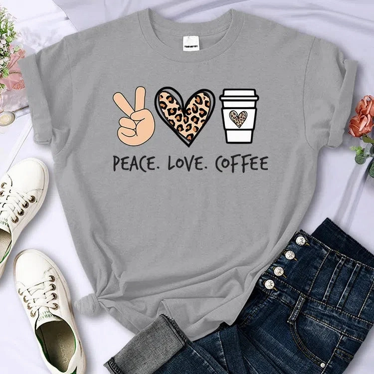 Peace Love Coffee Prints Women Cotton T-Shirts Breathable Tees