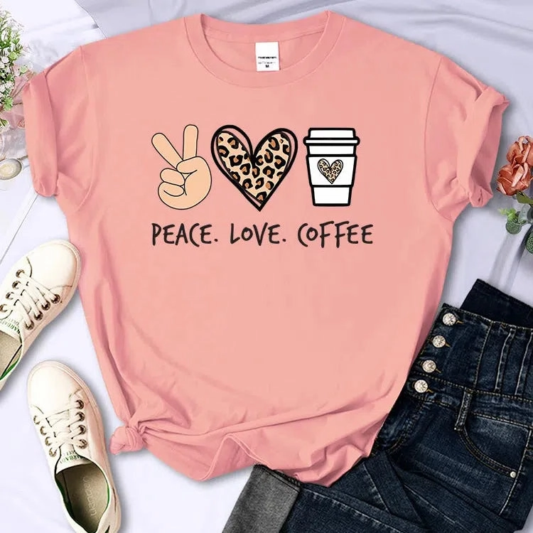 Peace Love Coffee Prints Women Cotton T-Shirts Breathable Tees