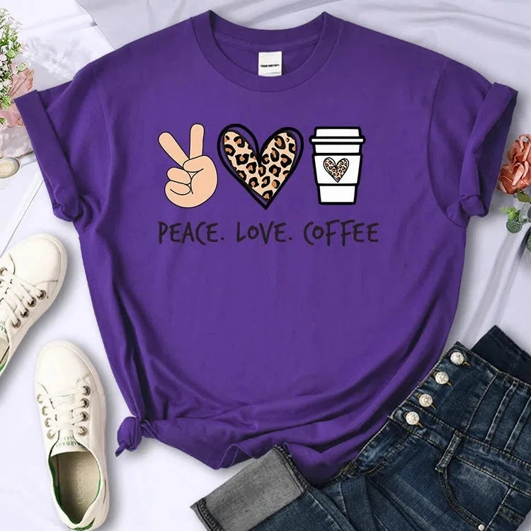Peace Love Coffee Prints Women Cotton T-Shirts Breathable Tees