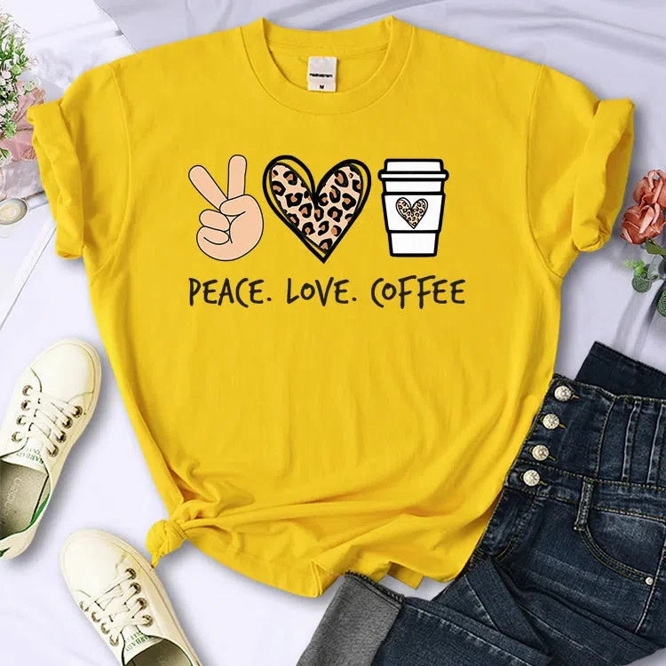 Peace Love Coffee Prints Women Cotton T-Shirts Breathable Tees