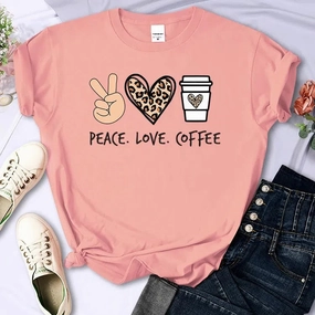 Peace Love Coffee Prints Women Cotton T-Shirts Breathable Tees