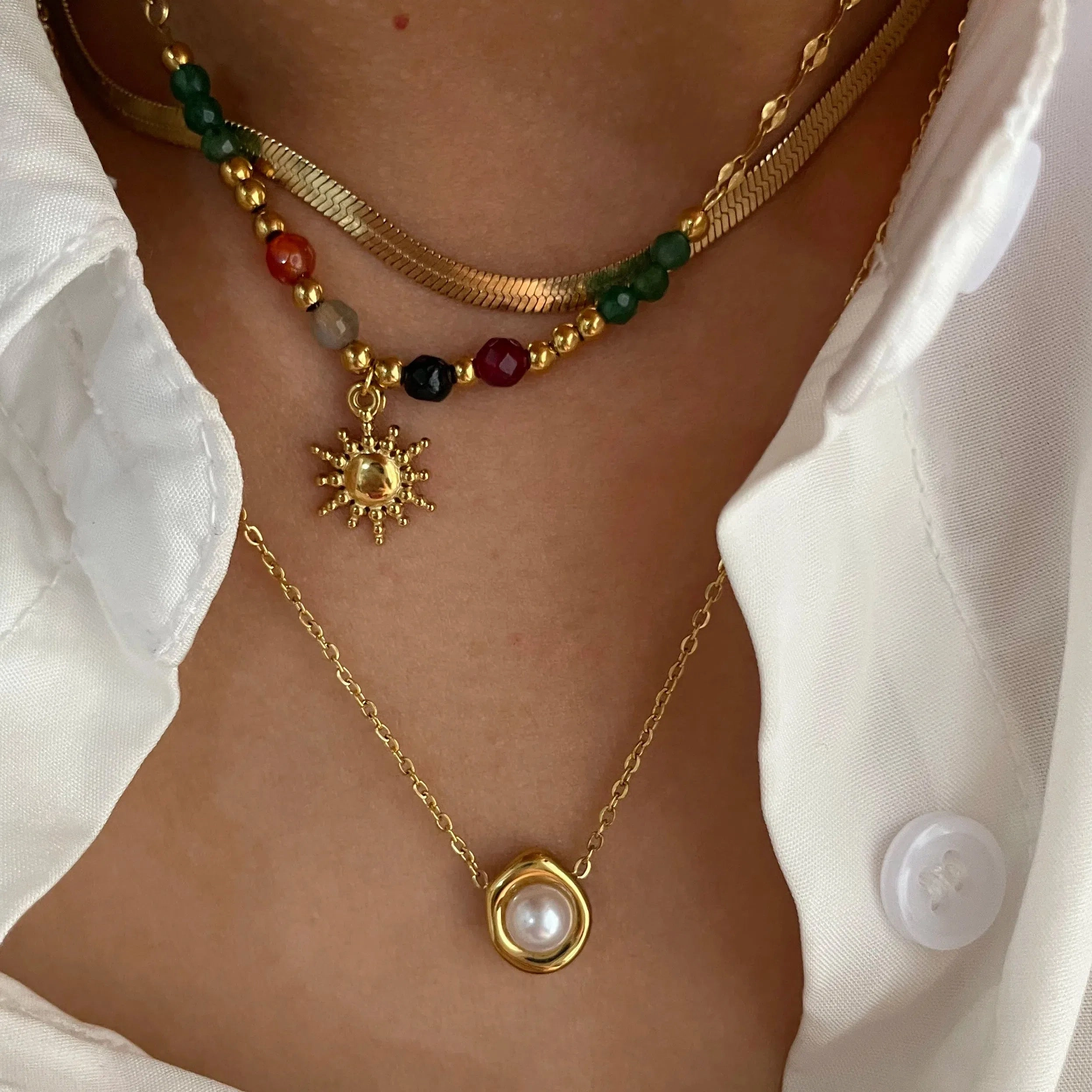 Peri'sbox Imitation Pearl Natural Stone Sunflower Pendant Necklace Women's Stainless Steel Flat Snake Chain Jewelry