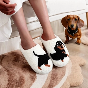 Pet Pattern Dachshund Embroidery stuffed Home Thick Sole plaid Furry Cotton Slippers Cute Warm Non-slip Indoor Slippers Pet Mom Gift