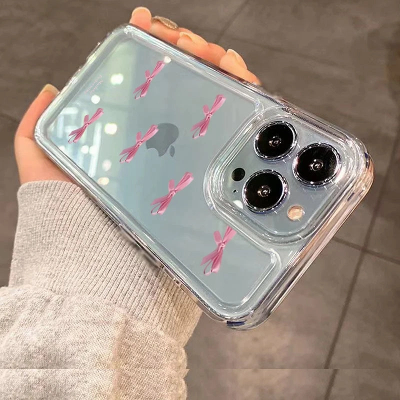 Pink Bow Soft Silicone Phone Case For iPhone 15 Pro Max 14 13 12 11 XS XR X 7 8 Plus 15 Transparent Shockproof Cover