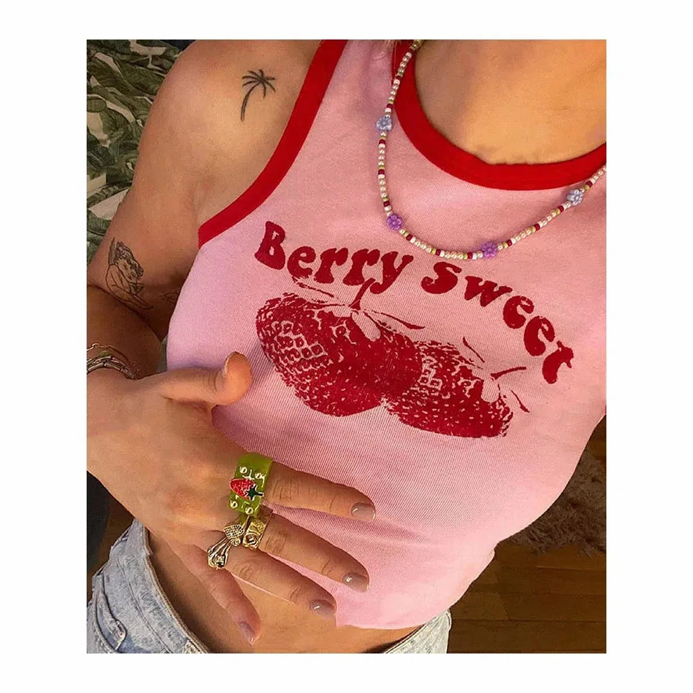 Pink Print Y2k Tank Top Sleeveless Summer Vintage Crop