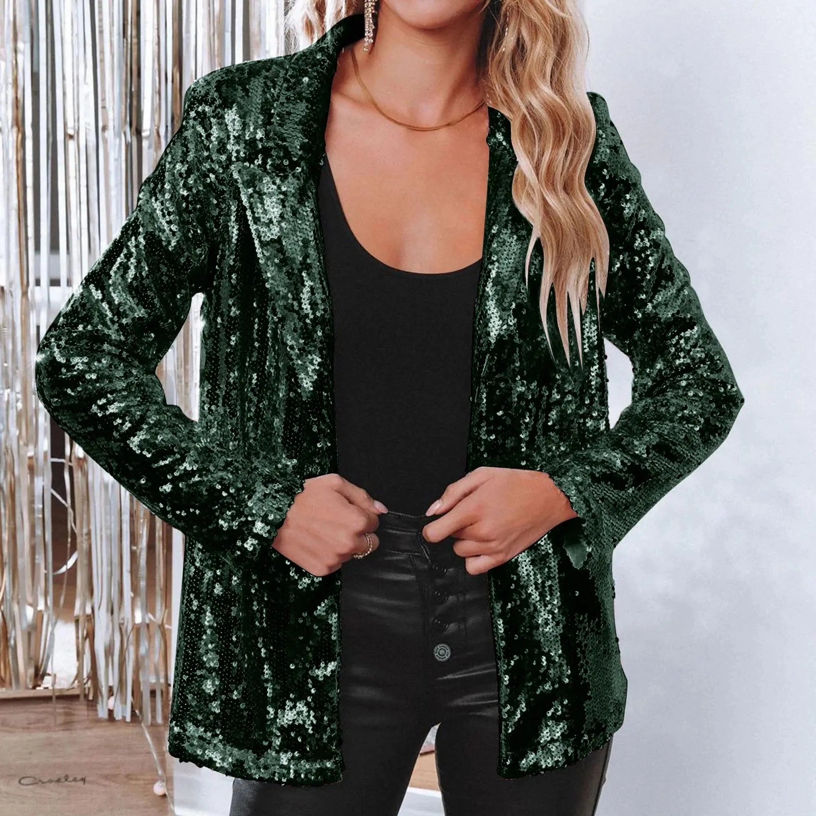 Pink Sequins Women's Suit Jacket Shiny Evening Party Wear Long Sleeve Glitter Lapel Coat