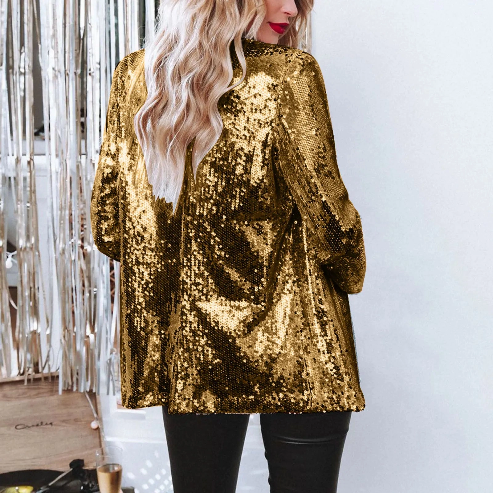 Pink Sequins Women's Suit Jacket Shiny Evening Party Wear Long Sleeve Glitter Lapel Coat