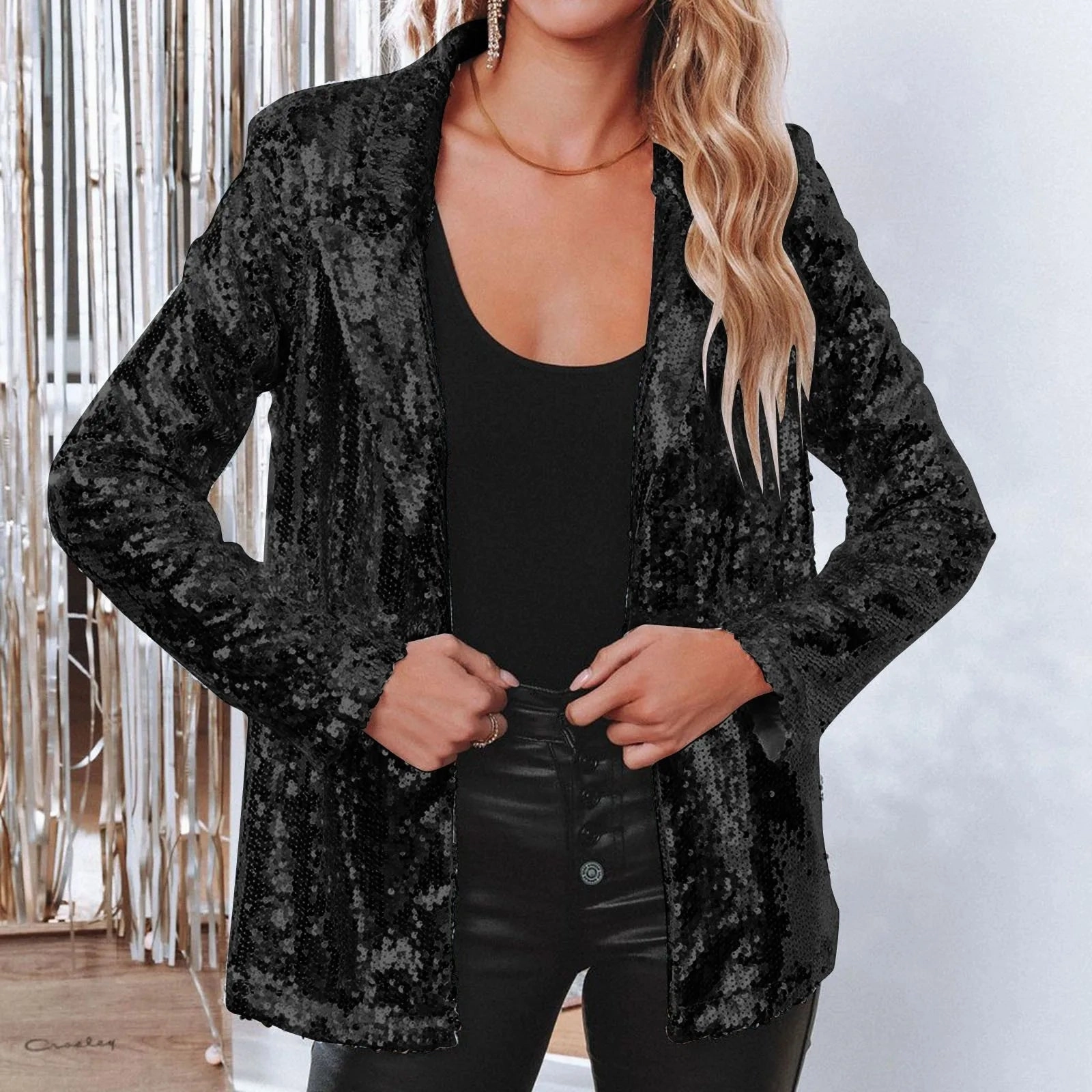Pink Sequins Women's Suit Jacket Shiny Evening Party Wear Long Sleeve Glitter Lapel Coat