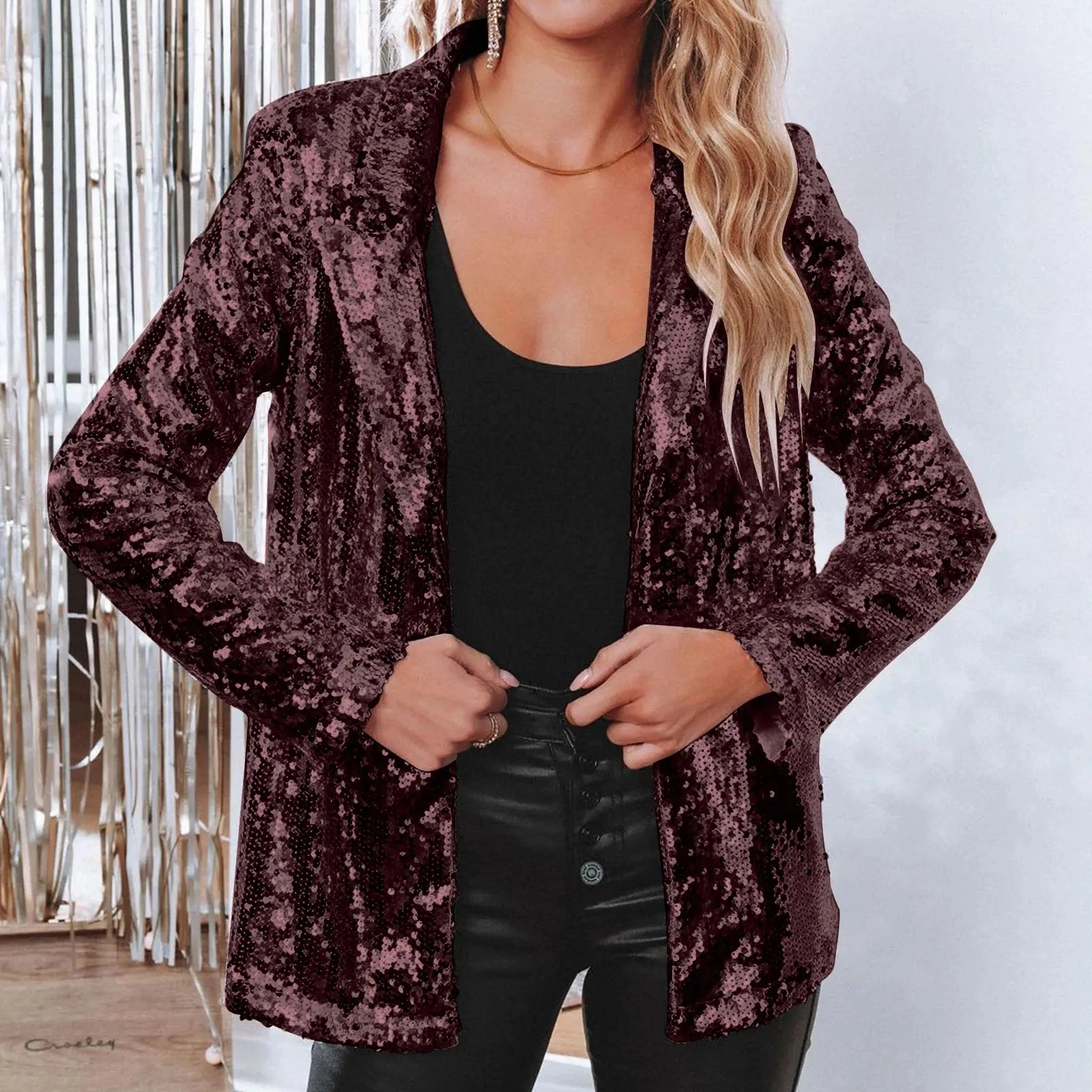 Pink Sequins Women's Suit Jacket Shiny Evening Party Wear Long Sleeve Glitter Lapel Coat