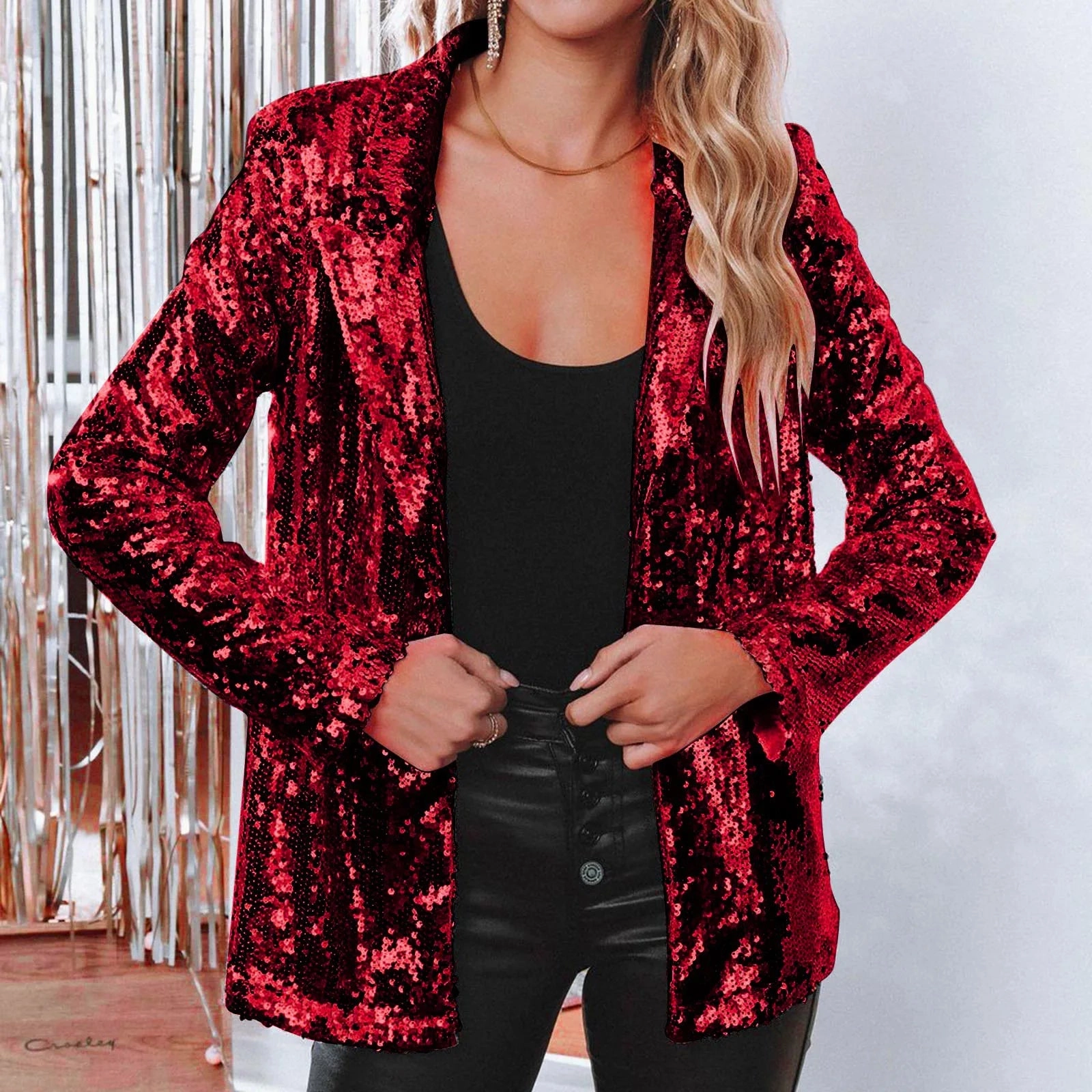 Pink Sequins Women's Suit Jacket Shiny Evening Party Wear Long Sleeve Glitter Lapel Coat
