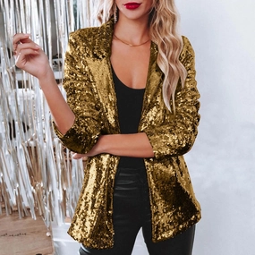 Pink Sequins Women's Suit Jacket Shiny Evening Party Wear Long Sleeve Glitter Lapel Coat