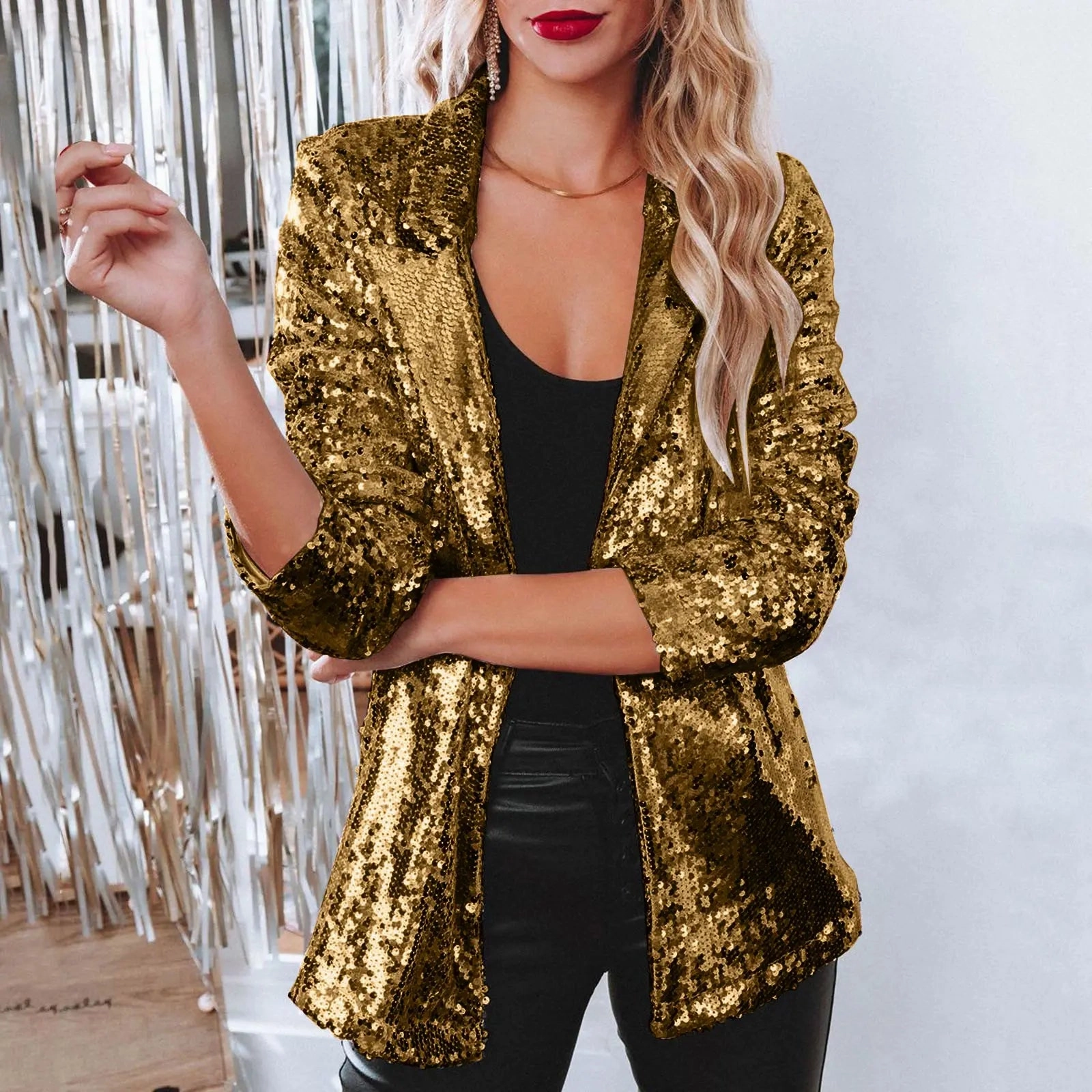 Pink Sequins Women's Suit Jacket Shiny Evening Party Wear Long Sleeve Glitter Lapel Coat