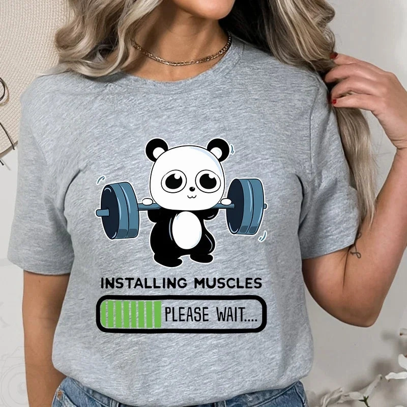 Playful Panda Workout Tee for Women - Casual O-Neck Summer T-Shirt with Short Sleeves for Weightlifting & Fitness Fun