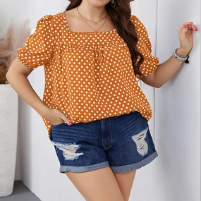 Plus Size Autumn Chiffon Short Woven Round Neck Plaid Set for Commuting