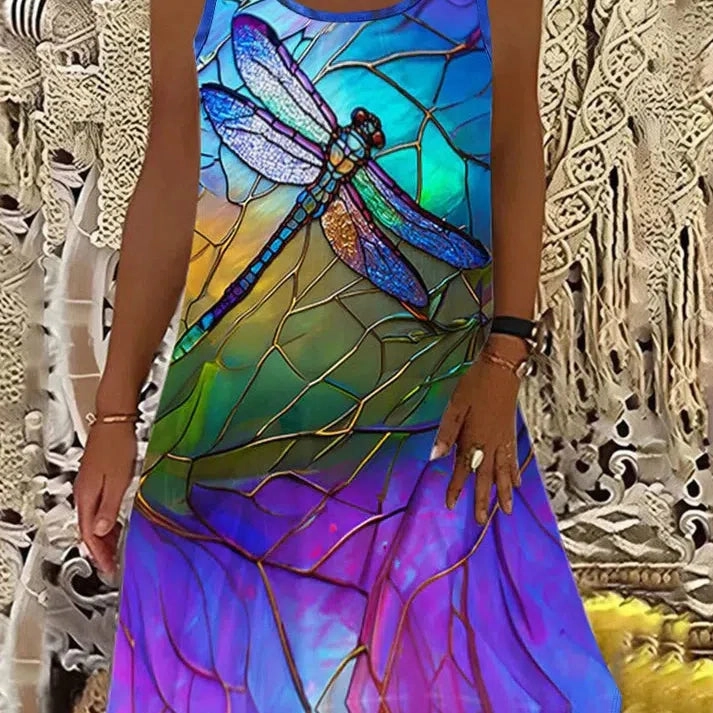 Plus Size Dragonfly Print Tank Dress for Spring & Summer