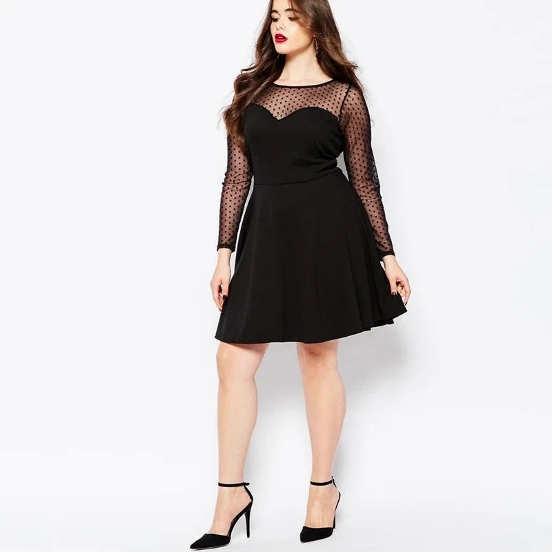 Plus Size Elegant A-line Dress Women Dot Print Long Sleeve
