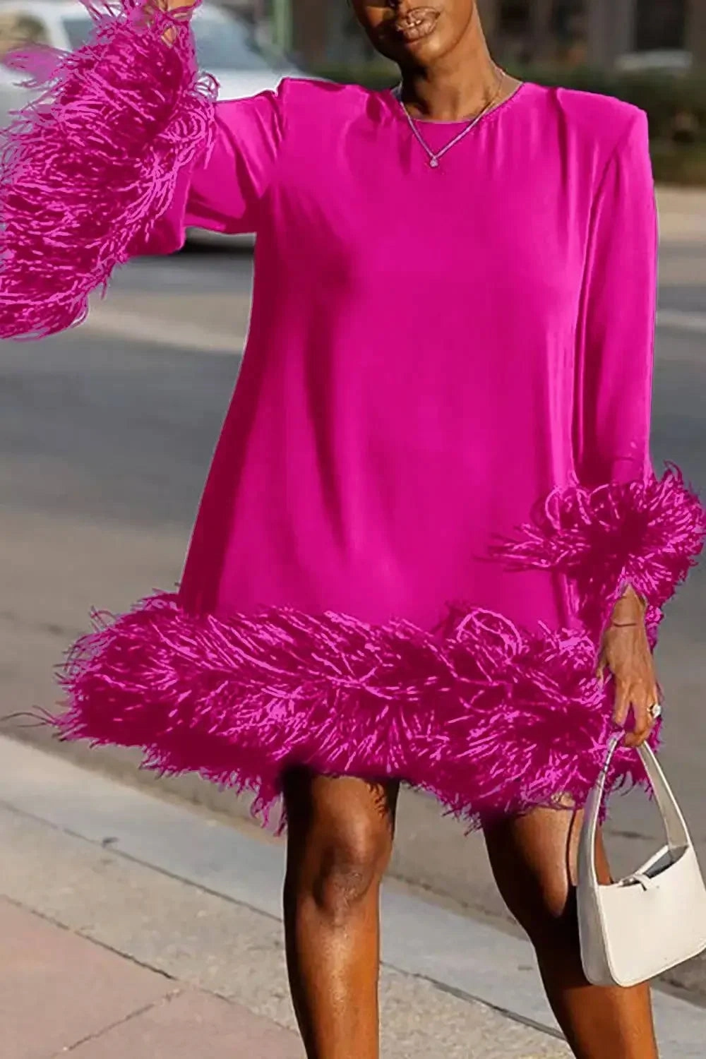 Plus Size Feather Fur Patchwork Mini Dress for Elegant Parties