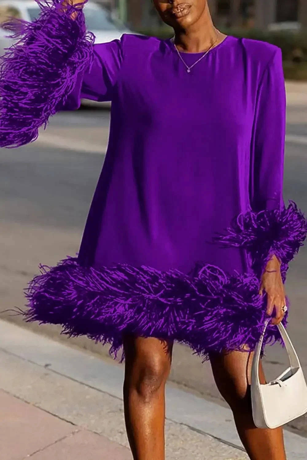 Plus Size Feather Fur Patchwork Mini Dress for Elegant Parties