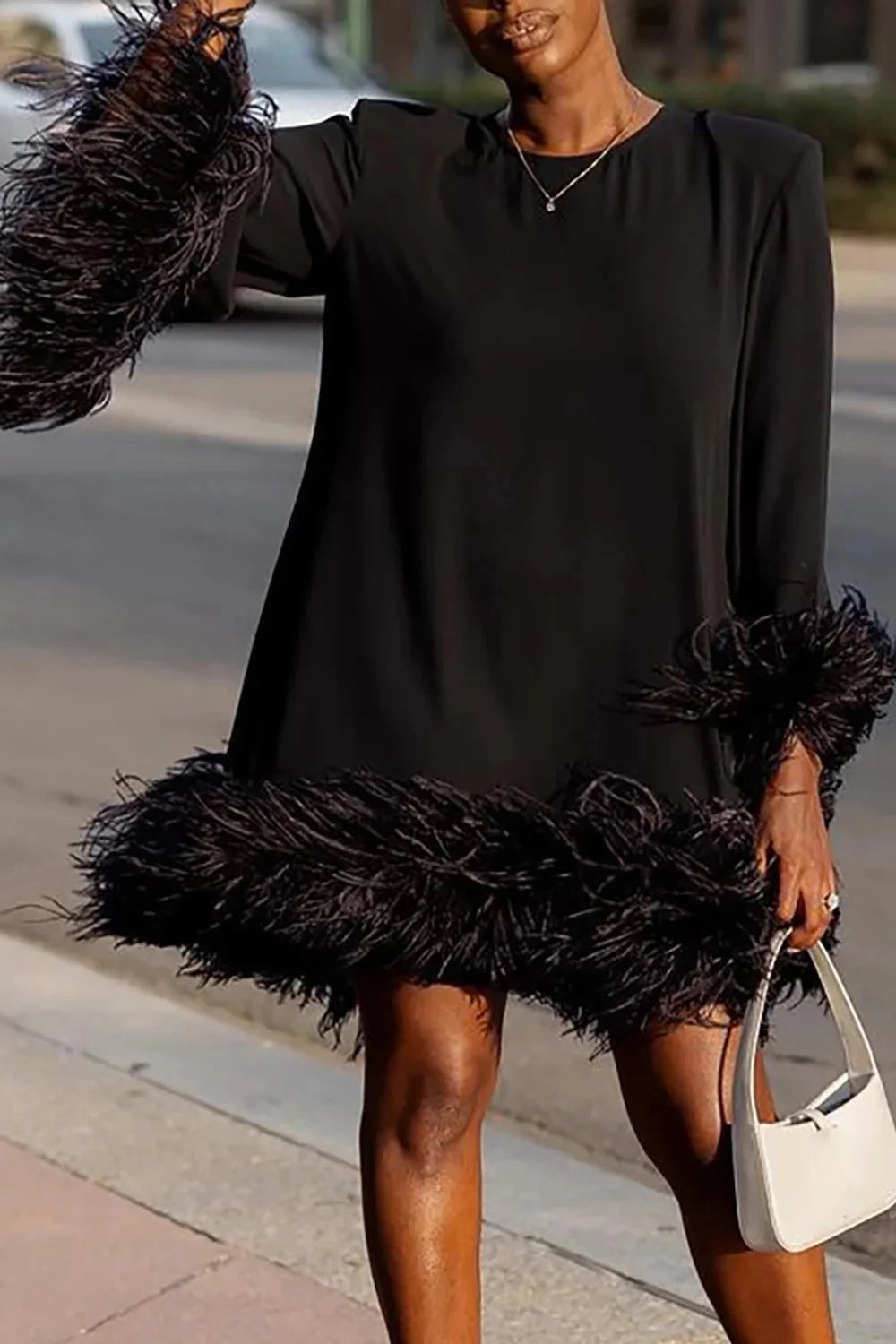 Plus Size Feather Fur Patchwork Mini Dress for Elegant Parties