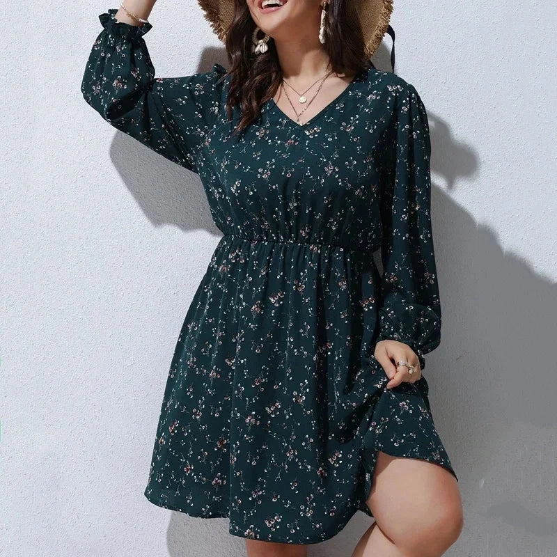 Plus Size Floral Print A-line Dress Women Long Puff Sleeve High Waist Midi Boho Dress Large Size 6XL 7XL Elegant Spring Style