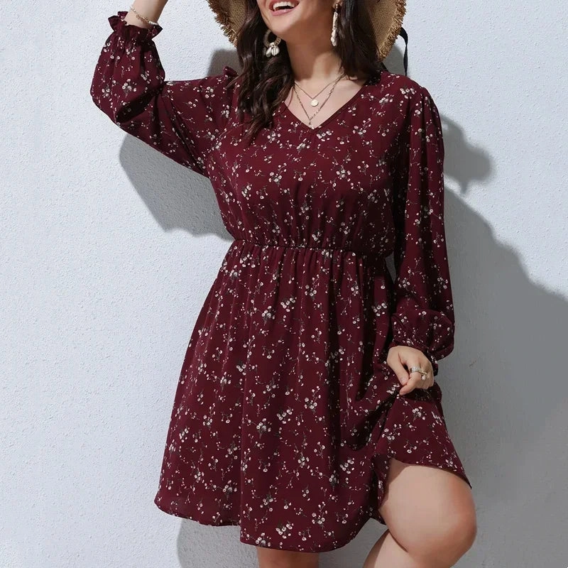 Plus Size Floral Print A-line Dress Women Long Puff Sleeve High Waist Midi Boho Dress Large Size 6XL 7XL Elegant Spring Style