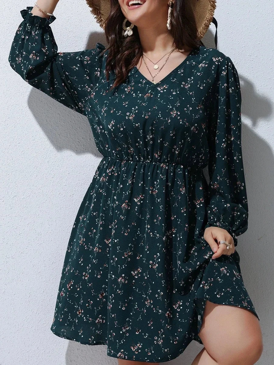 Plus Size Floral Print A-line Dress Women Long Puff Sleeve High Waist Midi Boho Dress Large Size 6XL 7XL Elegant Spring Style