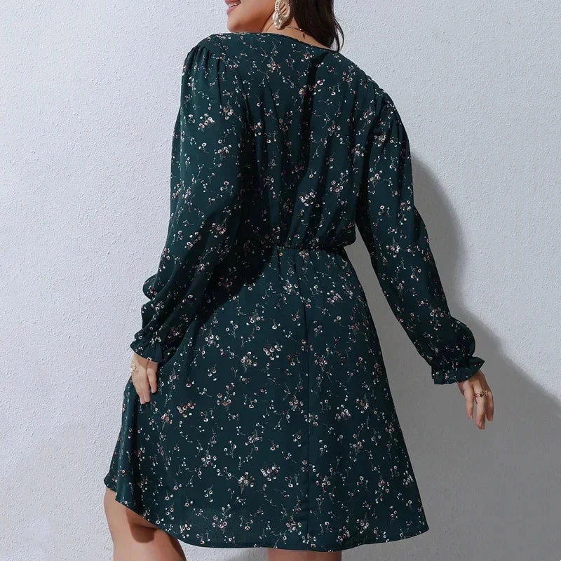Plus Size Floral Print A-line Dress Women Long Puff Sleeve High Waist Midi Boho Dress Large Size 6XL 7XL Elegant Spring Style