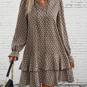 Plus Size Plus Print Flare Sleeve Ruffle Dress for Women