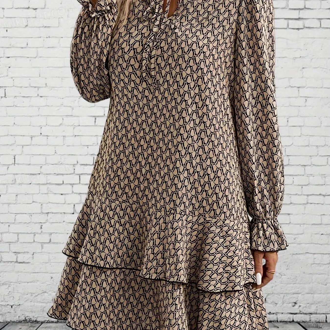 Plus Size Plus Print Flare Sleeve Ruffle Dress for Women