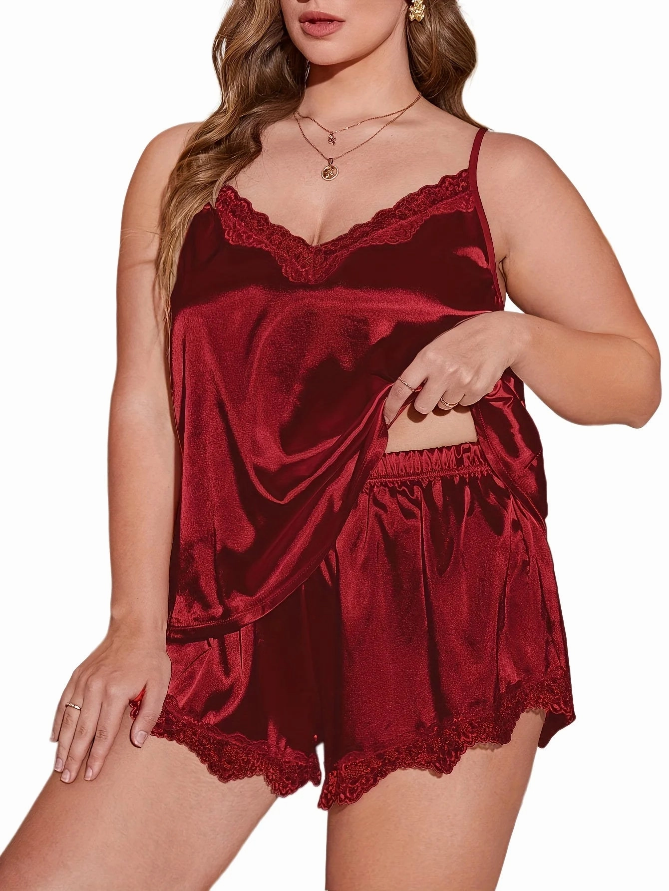 Plus Size Solid Color Pajama Set V-Neck Top & Shorts Loungewear