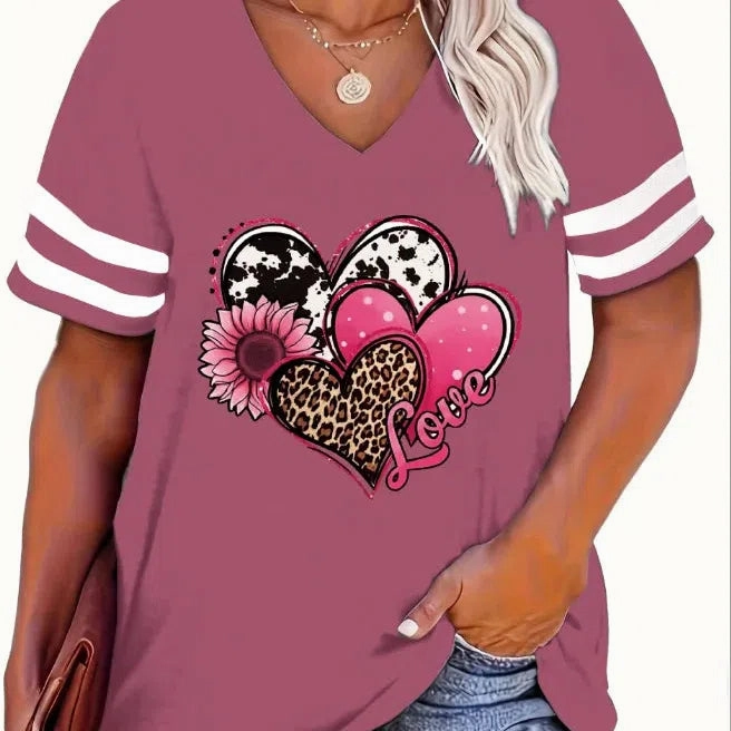 Plus Size Spring/Summer New Love Print V-Neck T-Shirt 5XL 6XL