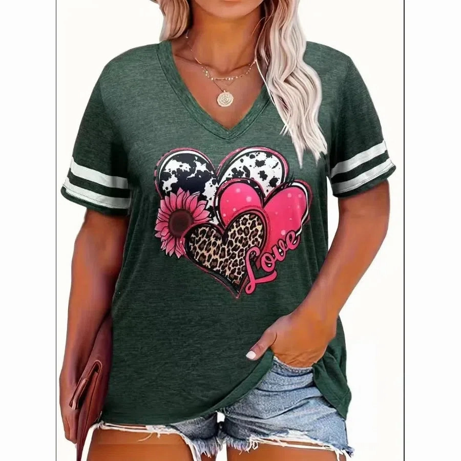 Plus Size Spring/Summer New Love Print V-Neck T-Shirt 5XL 6XL
