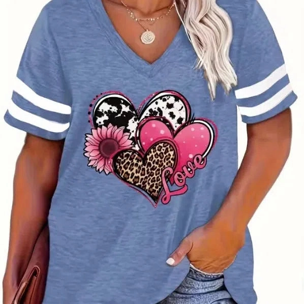 Plus Size Spring/Summer New Love Print V-Neck T-Shirt 5XL 6XL