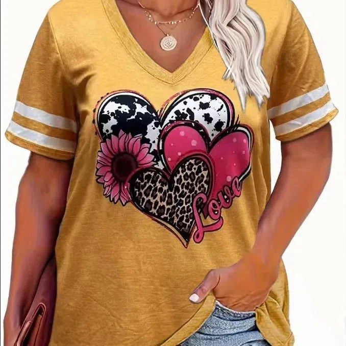 Plus Size Spring/Summer New Love Print V-Neck T-Shirt 5XL 6XL